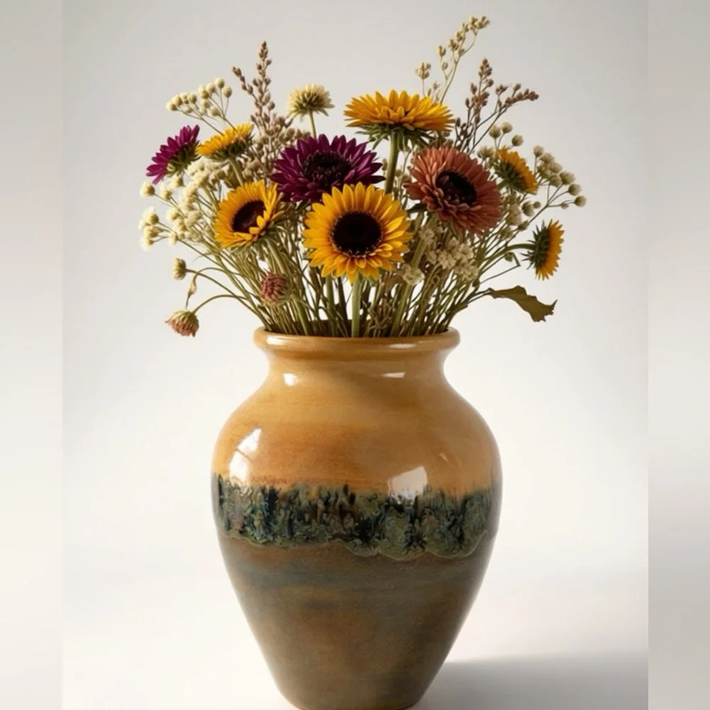 HANDMADE SIGNED STUDIO POTTERY VASE COTTAGE-CORE GREEN/YELLOW BOHO WABI-SABI EUC